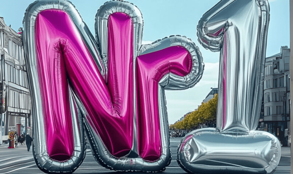 Vorlage haebmau Website News (1) Giant silver and pink balloons spelling "Nr 1" in an urban setting with buildings and trees in the background.