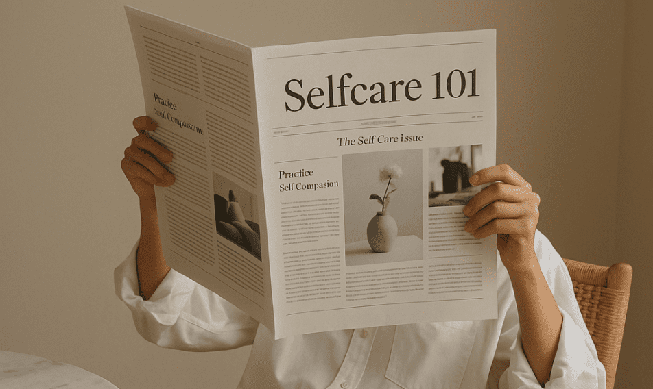 news_newhealth A person in a white shirt is reading a magazine titled "Selfcare 101" in a minimalist setting, emphasizing self-compassion and self-care practices. The image captures a relaxed atmosphere, highlighting the importance of wellness and mindfulness.