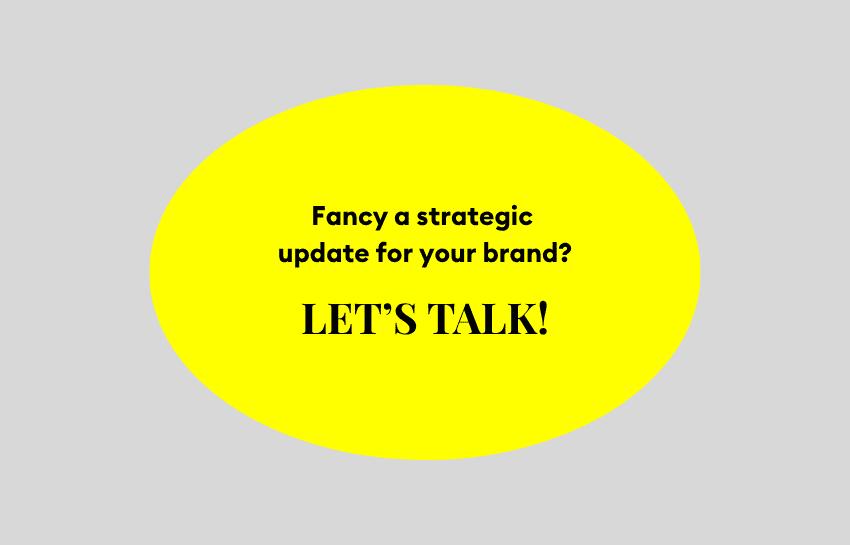 Website-Buttons Promotional graphic inviting brands for a strategic update consultation with a bright yellow background and bold text that reads, "Let's Talk!"
