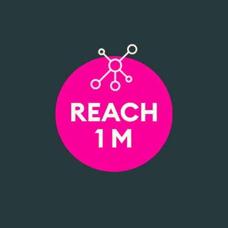 Website-Buttons (2) Graphic displaying the phrase "Reach 1M" surrounded by a circular design with network connection elements, emphasizing social media growth and audience engagement.
