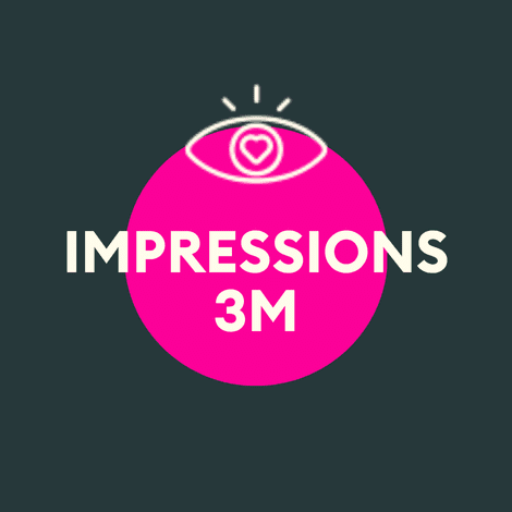 Website-Buttons (3) Graphic displaying the text "Impressions 3M" within a pink circle and an eye icon, representing engagement metrics in marketing or social media analytics.