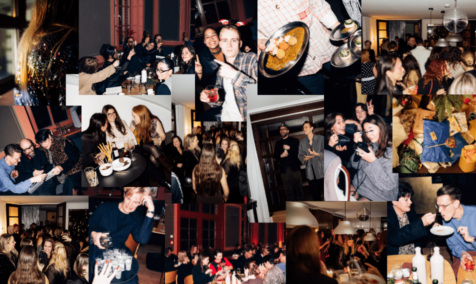 A lively collage capturing a festive gathering with diverse groups of people enjoying food and drinks, engaging in conversations, and celebrating together in a cozy indoor setting, decorated for a special occasion.