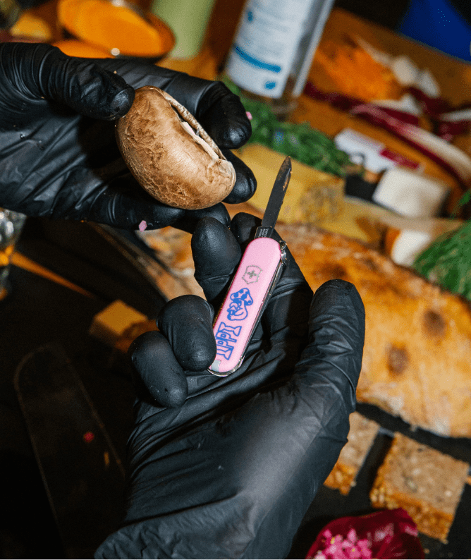 3 A gloved hand holds a mushroom and a pink multi-tool knife, preparing ingredients for cooking in a vibrant kitchen setting.