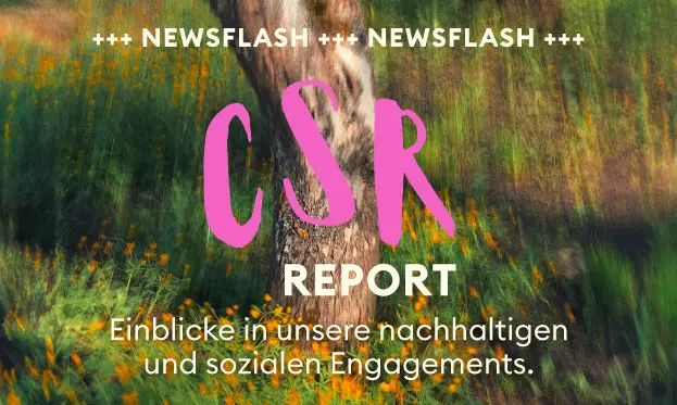 Colorful background featuring a tree and flowers with bold text overlay reading "CSR Report" and "Newsflash" highlighting insights into sustainable and social engagements.